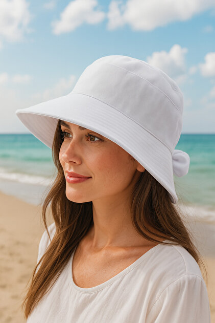 Bow Detailed Bucket Women's Visor Summer Hat (Size Adjustable)