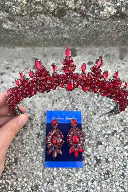 Hobigram Thalia Crown Three Shuttle Earrings Set Burgundy  Sparkling  Evening Dress Accessory with Stones for Bridal Henna Wedding- Trendyol