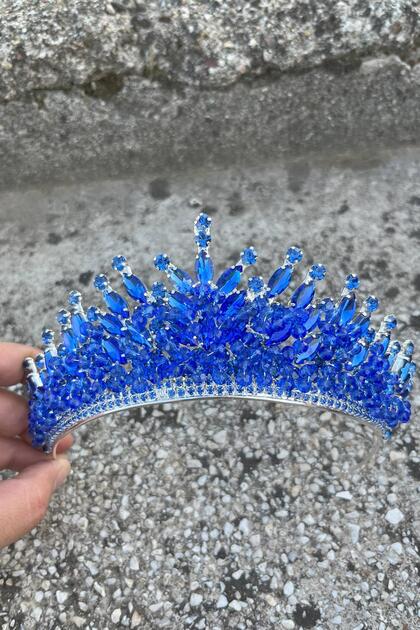 Daisy Stone Bridal Tiara – Blue Henna Wedding Crown Model, Shiny Hair Accessory