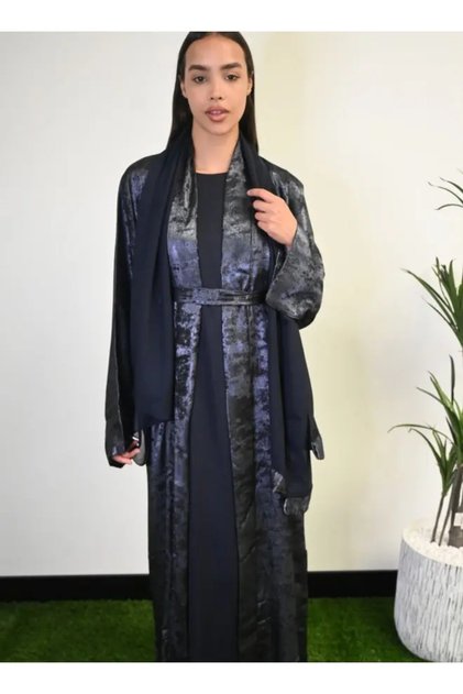 Midnight Glitz Navy Blue Satin Foil Abaya