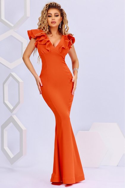 Rochie lungă de sirenă coral cu volane