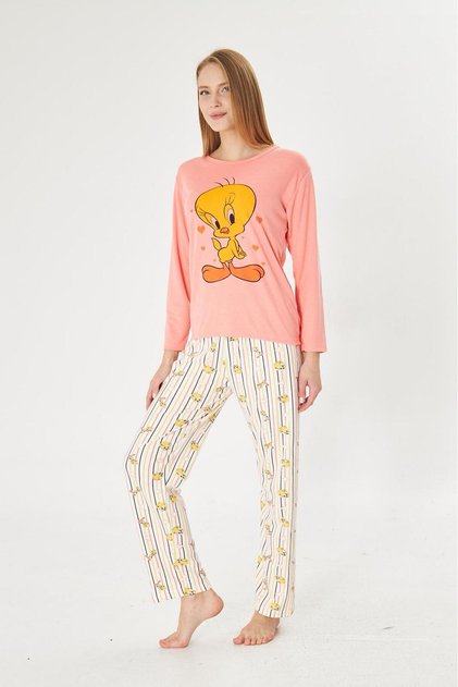 Women's 100% Cotton Pink Chick Patterned Striped Crew Neck Long Sleeve Pajama Set