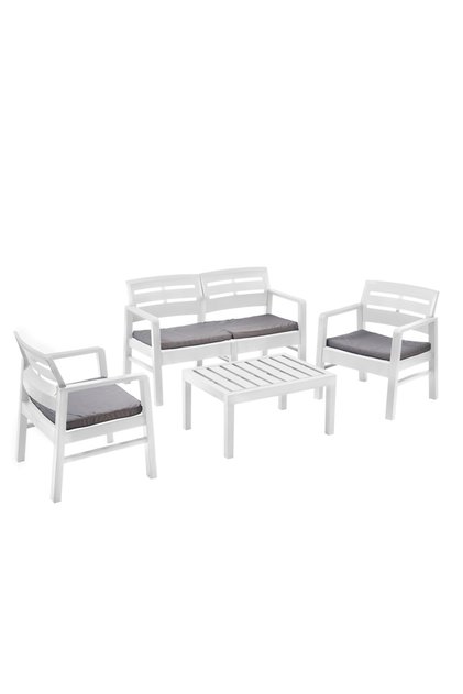 Set mobilier de grădină/terasă, JAVA, 4 piese, polipropilenă, canapea 2 locuri, 2 scaune, masă, perne