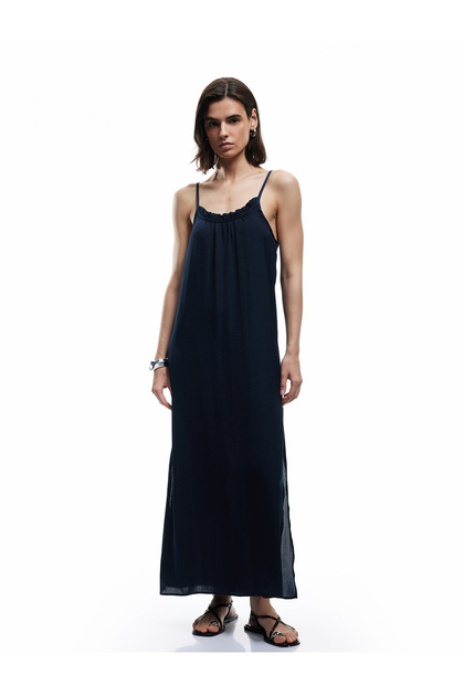Aerobin Fabric Loose Fit Ruffle Detail Slim Strap Long Satin Dress