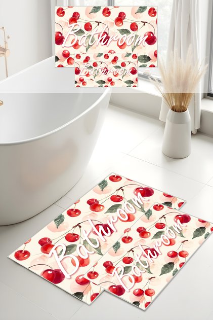 Digital Printing Summer Themed Cherry Patterned Modern Set of 2 Bath Mat Bathroom Carpet (60X100 40X60)