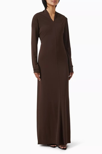 Crepe Fabric, V Neck Open Back Long Sleeve Brown Women's Dress