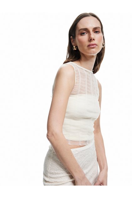 X Selected by Melis Ağazat - Sleeveless Crew Neck Blouse with Corset Detail and Transparent Look