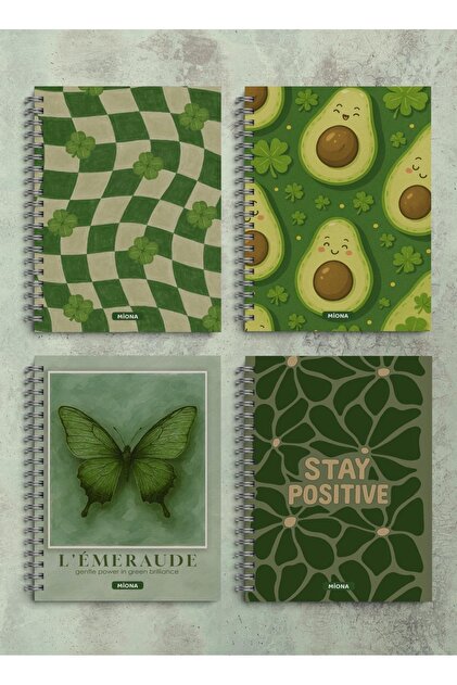 A5 spiralna školska sveska, 60 listova, set od 4 komada, zelena tema, 2 kvadratne - 2 linije