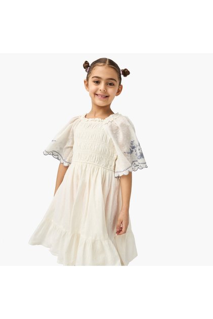 Embroidered Square Neck Dress with Flared Sleeves