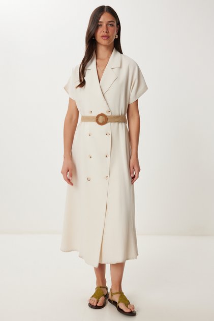 Women's Cream Straw Belt Linen Shirt Dress Bv00137