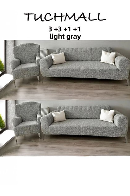 Sofa Cover 3+3+1+1 Set Elastic Flexible Washable Sofa Bed Cover Light Gray