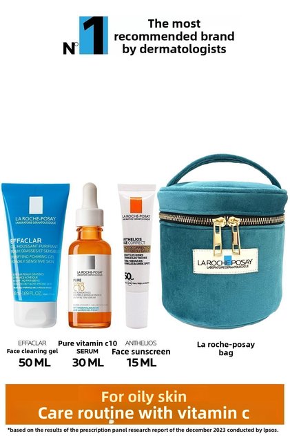 Skin Care Set for Oily Skin: Effaclar Cleansing Gel & Vitamin C Serum & Sunscreen & Bag