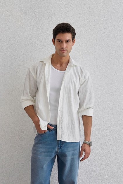 Tugur Men's Striped Oversize Premium White Shirt Soft Touch Refined Comfort