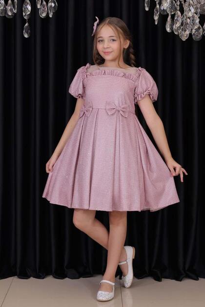 Girl's Square Neck Transparent Tulle Glittery Pink Evening Dress with Ruffled Shoulders and Bow Detail at the Waist