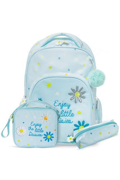 17" School Bag Set of 3 w/ Lunch Bag and Pencil Pouch - Little Daisy Green