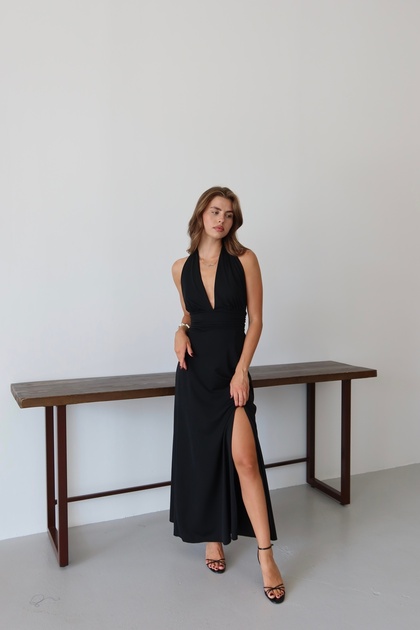 LOISY Women's Halter Neckline Chest Low Back Tie-Up Slit Dress- Trendyol