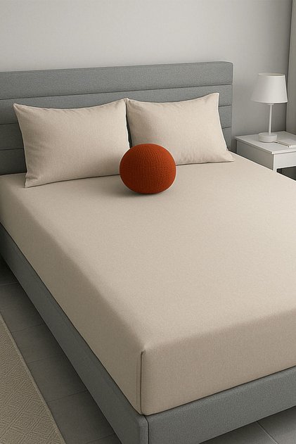 Çift Kişilik Fitted Lastikli Çarşaf + 2 Adet Yastık Kılıfı 160x200 Bej