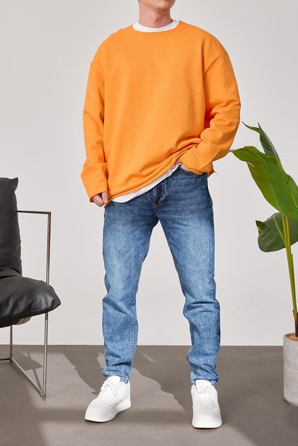 Men's Sweatshirt Dirty Collar Orange Oversize Crew Neck 3 Thread Without Ruffles