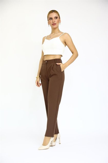 Pileli Klasik Boru Paç Pantolon-Kestane