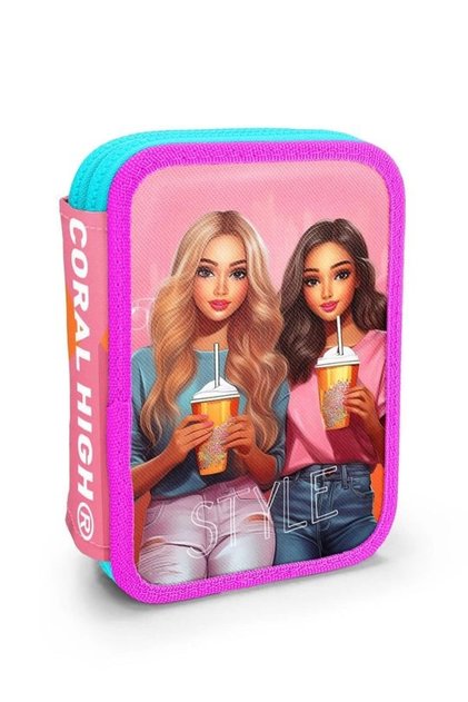 Kids Pink Neon Coral Fashion Girl Patterned Double Layer Pencil Bag 11141