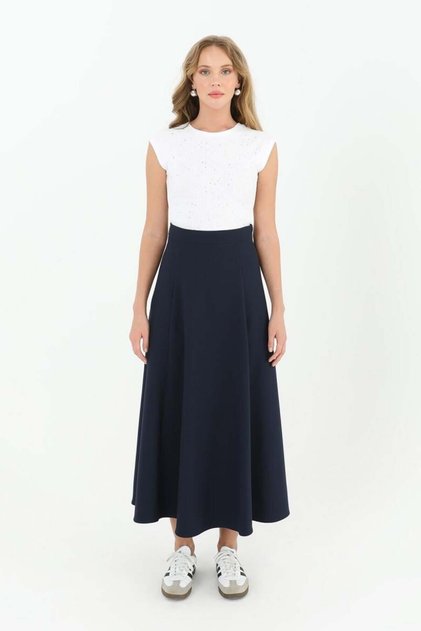 Women's Navy Blue Colored Patchwork Bell Flared Skirt 18201