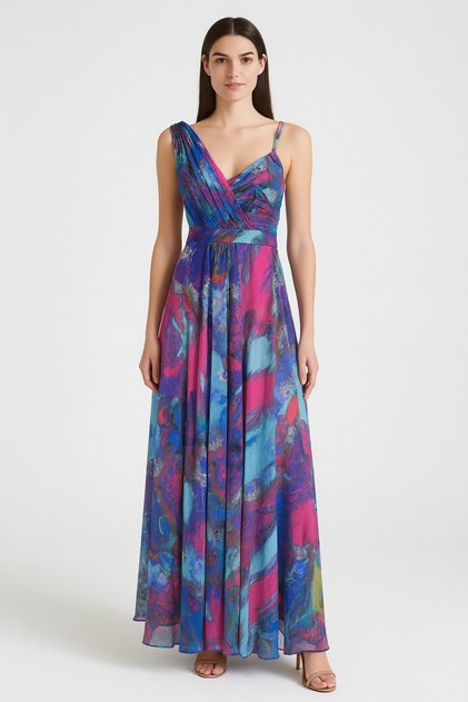 V Neck One Shoulder Colorful Patterned Tulle Evening Dress
