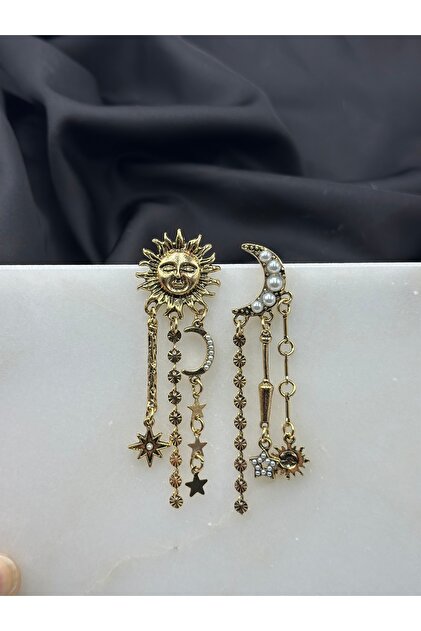 Güneş ve İncili Ay Vintage Tasarım Marka Model Altın Gold Detaylı Sallantılı Küpe