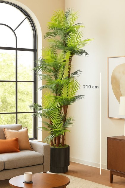 Premium Areka Palmiye Yapay Ağaç 210 cm 7 Gövdeli 63 Yapraklı Antrasit Saksılı Salon Dekoru