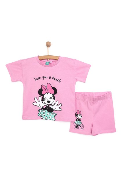 Kız Bebek Tişört-Tayt 2li Takım Minnie Mouse Bisiklet Yaka Reçme Paça Kısa Kol Açık Pembe