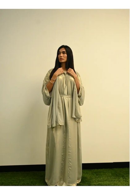 Gray Shiny Kaftan Open Abaya
