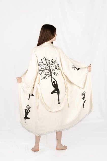 Muslin Kimono 100% Cotton Life and Lotus Printed Patterned Bathrobe Kaftan Dressing Gown