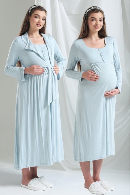 Blue Special Design Long Sleeve 100% Cotton Maternity Maternity Dressing Gown Nightgown Set