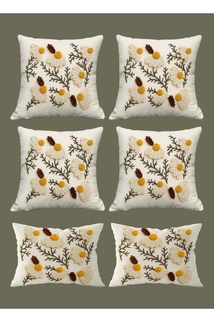 Bohemian Boho Daisy Themed Cream Colored 3D Digital Print Gift Cushion Pillow Cover Set (6 Pieces) BOHO