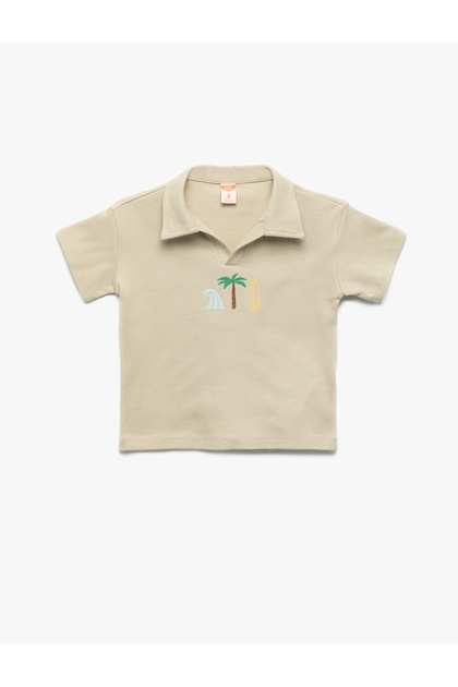 Embroidery Detailed Short Sleeve Polo Neck Cotton T-Shirt