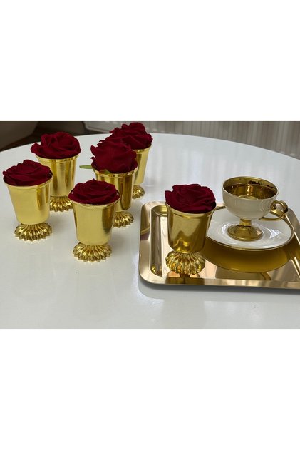 Gold Color 6 Pieces Patterned Footed Rose Bucket Red Roses Included