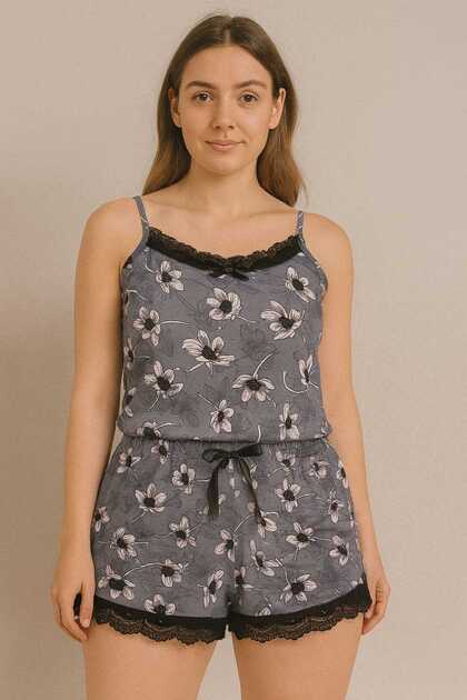 Summer Pajama Set with Lace Detail String Suspender Shorts