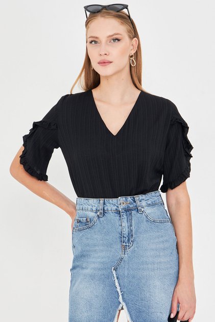 Women Black V Neck Ruffled Short Sleeve Blouse Arm-25Y001070