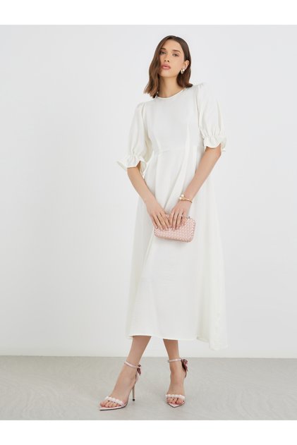 Solid Puff Sleeve Round Neck A-Line Midi Dress