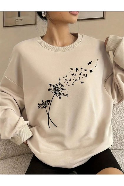 Karahindiba Baskılı Bisiklet Yaka Bej Sweatshirt