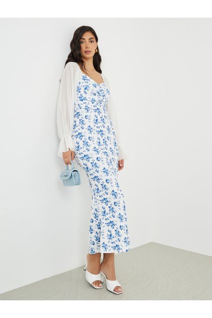 Floral Printed Balloon Sleeves Sweetheart Neck Midi Dress
