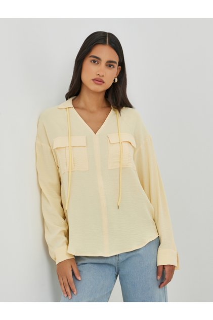 Solid V Neck Blouse with Utility Pockets