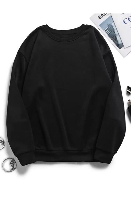 Basic Crew Neck Black Sweatshirt with Wool Inside