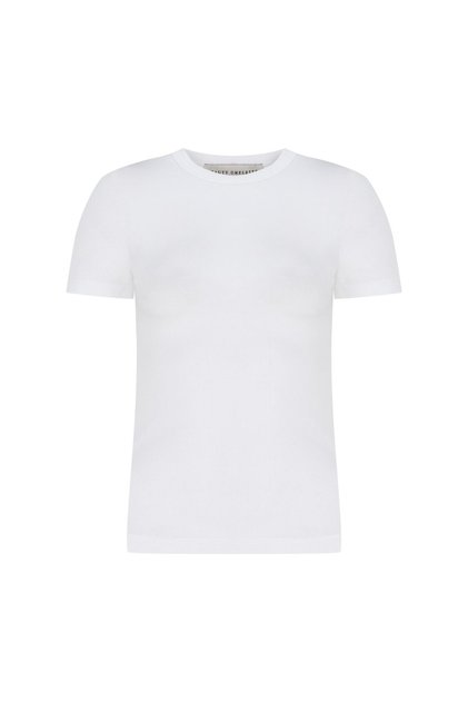 Beyaz Ribli Bisiklet Yaka Fitted Tshirt