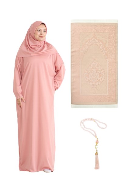 Prayer Dress Scarf Prayer Rug Prayer Beads Set, Islamic Clothing Set Ferace Turban Shawl - Powder
