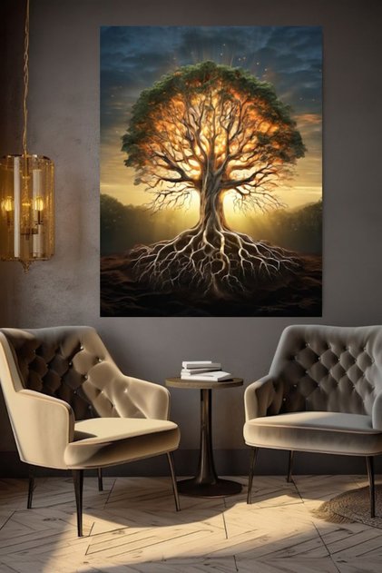 TABLIE PE PÂNZĂ CU ARBORE ARTISTIC ÎN LUMINA ZIULUI, DECOR DE PERETE PENTRU CASĂ, SALON, BIROU, MAGAZIN, CADOU, ORNAMENT DECORATIV