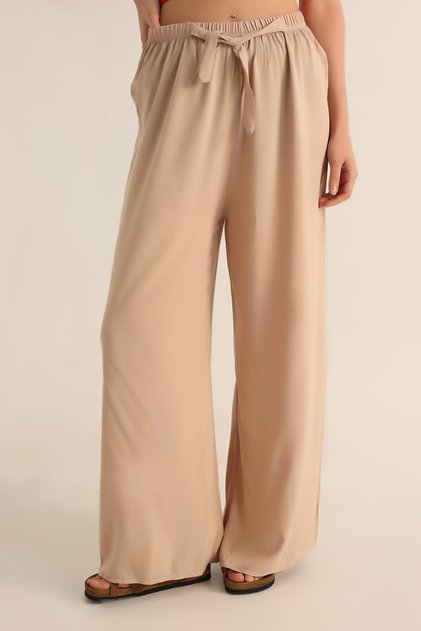 Woven Viscose Elastic Palazzo Pocket Trousers Beige