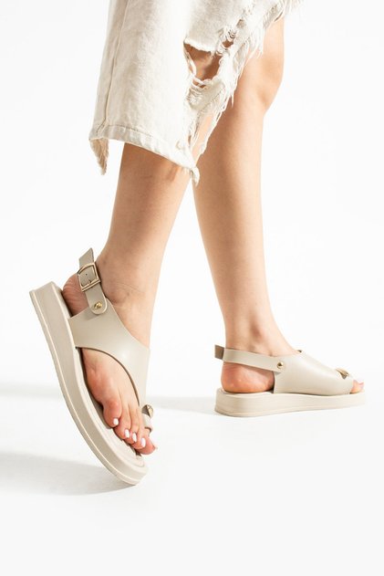 Women's Beige Daily Ring Detailed Flip Flop Sandals Summer Lightweight High Sole Sea Pool Slippers