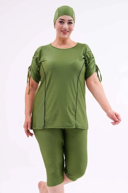 Large Size Semi-Closed Hijab Swimsuit with Sleeve Detail 2311 Aysu Green