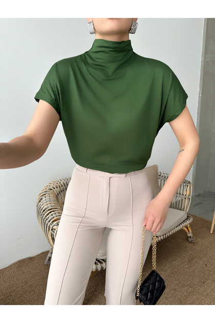 Women Khaki Stand Collar Off Shoulder Blouse