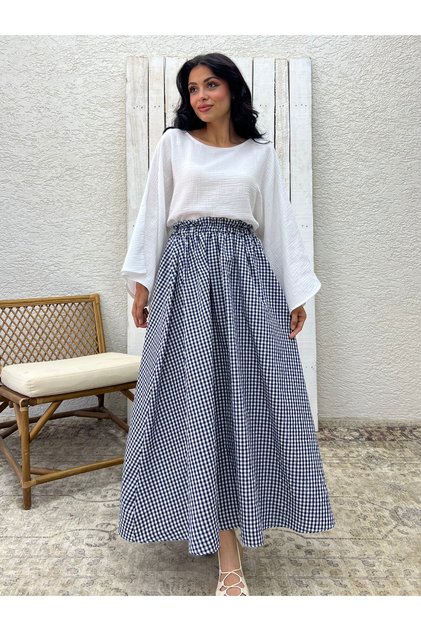 Navy Blue Gingham Flared Poplin Skirt